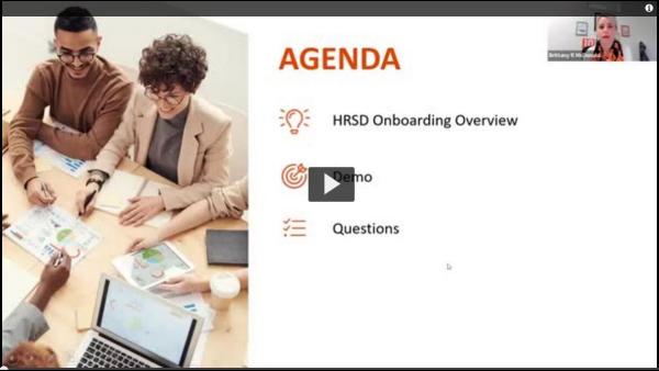 HRSD Experience Walkthrough for Supervisors Agenda - HRSD Onboarding Inteview, Demo, and Questions with photo of people in a meeting