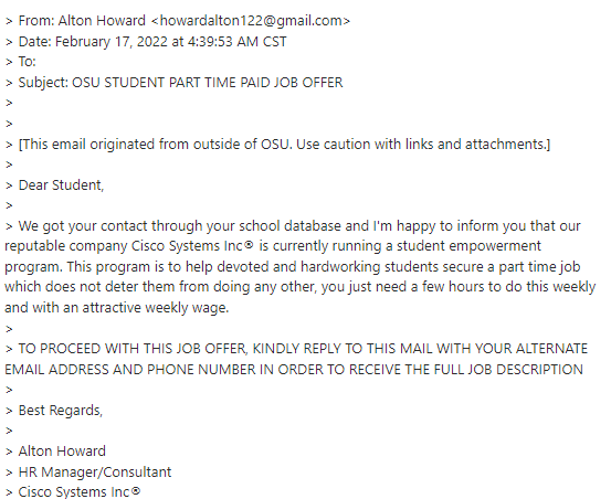 Example employment scam email